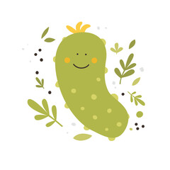 Cute green cucumber with a laughing face vector illustration. Funny vegetable in cartoon style. Colorful farm product for kids design of postcards, books, posters, textiles.