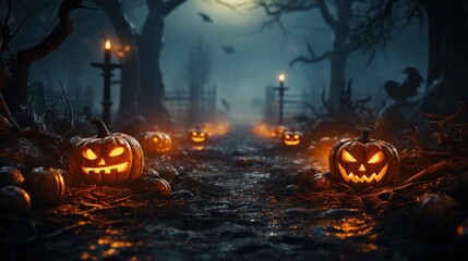Fototapeta premium Dark tones Halloween composition in sinister cemetery alley under moonlight. Spooky pumpkin jack-o-lanterns, burning candles, gnarled bare trees, night fog. Halloween celebration concept.