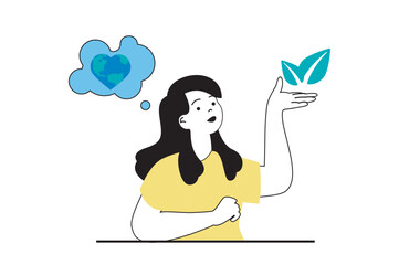 Green energy concept with people scene in flat web design. Woman protects environment and plants, fights climate change on planet. Vector illustration for social media banner, marketing material.