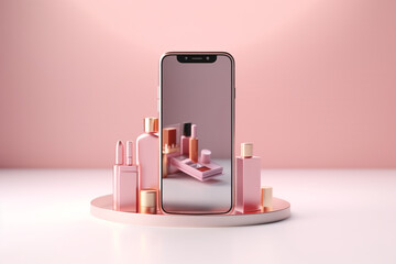 3d Smartphone with cosmetic shop.online shopping concept.Created with Generative AI technology. - obrazy, fototapety, plakaty