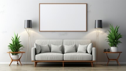 Front view of a modern minimalist scandi living room. White wall with poster template, comfortable couch, side tables, houseplants. Home decor. Mockup, 3D rendering.