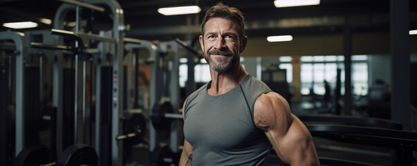 Naklejka premium Portrait of man working out gym fitness, fitness concept. Healthy lifestyle with fitness gym and healthy life .