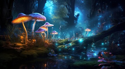Fototapeta na wymiar Bioluminescent fungi in a mystical forest