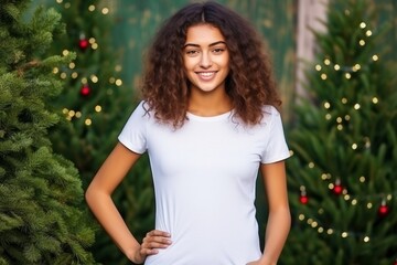 female model wearing white tshirt for mock up on christmas themed background
