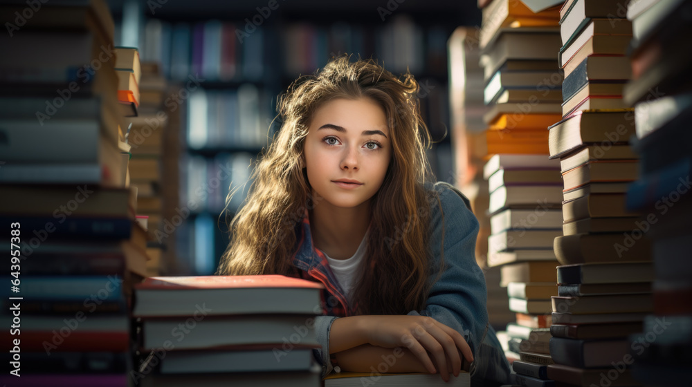 Sticker Schoolgirl sits among stacks of books in the library