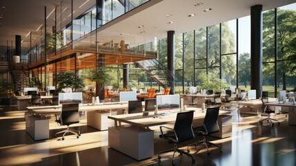 Fototapeta premium Modern open space office with no employees in luxury building. Large desks, office chairs, desktop computers. Stairs to the upper level. Glass walls with park view. Contemporary interior design.