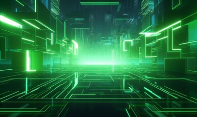 3d render, abstract concept of the urban street at night, green neon background with geometric shapes, Generative AI