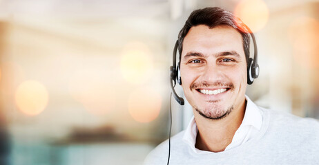 Customer service mockup, portrait or happy man in call center for advice, tech support consulting....