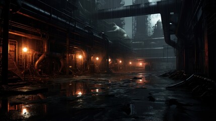 Eerie, abandoned industrial factories with eerie lighting