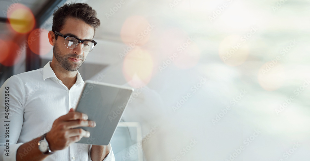 Aufkleber Banner, tablet and businessman in office with mockup, bokeh and online business communication for trading. Networking, schedule and man with digital app for website scroll and space in workplace.