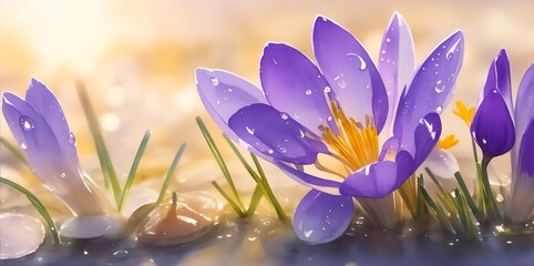 Wild crocusses flowers on the morning meadow. AI generated illustration