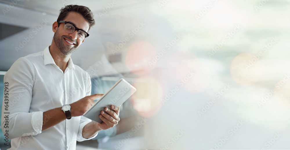 Aufkleber portrait, business and man with a tablet, banner and connection with network, typing and contact. fa
