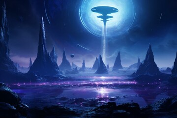 Alien planet spaceship, blue and violet hues, sci-fi scene. Generative AI