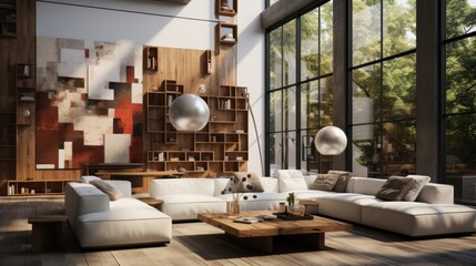 Interior of modern eclectic living area in luxury cottage. 3D decor and large abstract painting on the wall, stylish cushioned furniture, coffee table, panoramic windows. Contemporary home design.