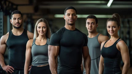Abwaschbare Fototapete Fitness Group of athletic men and women stand together in the background of a gym