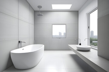 White bathroom interior with concrete floor, white bathtub and two sinks, side view. Minimalist bathroom with modern furniture and city view