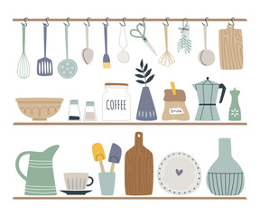 Various kitchenware and utensils doodles for food preparation on shelves and hanging on hooks