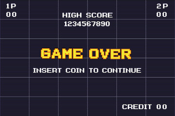 GAME OVER INSERT A COIN TO CONTINUE .pixel art .8 bit game. retro game. for game assets in vector illustrations.