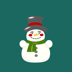 Vector clipart of a cute snowman in a top hat and scarf. Christmas character, winter decoration In cartoon style. Stock vector illustration