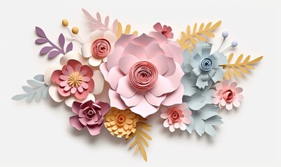 3d render, abstract cut paper flowers isolated on white, botanical background, festive floral arrangement. Rose, daisy, dahlia, butterfly and leaves in pastel color palette. modern wall, Generative AI