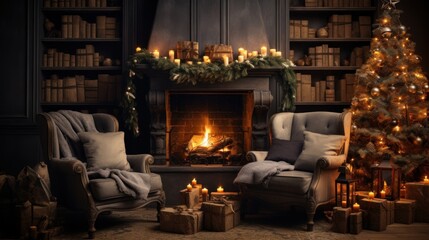 Fototapeta premium Interior of luxury classic living room with Christmas decor. Blazing fireplace, garlands and burning candles, elegant Christmas tree, gift boxes, bookcases. Magical Christmas celebration concept.