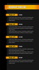 Vertical roadmap milestones on black background. Timeline infographic template for business presentation. Vector.