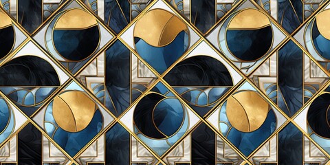 abstract background, seamless pattern, geometric mosaic tile with marble texture and gold. Repeating art deco wallpaper, Generative AI