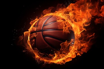Burning basketball against a dark backdrop. Generative AI