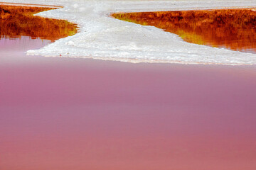 rosa gefärbte Saline mit kristalliner Salzablagerungen in er Camargue. 
