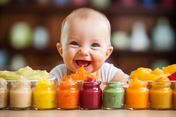 A close-up photo of a happy baby trying a variety of colorful and nutritious vegan and vegetarian purees 