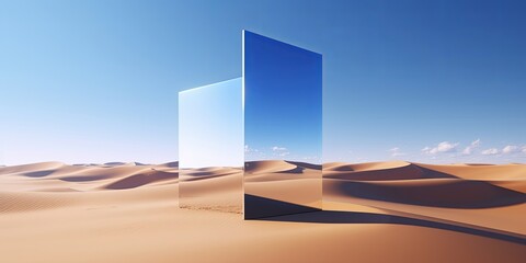 3d render, abstract fantastic panoramic background. Desert landscape with sand water and square mirror under the clear blue sky. Modern minimal aesthetic, Generative AI - obrazy, fototapety, plakaty