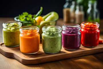 Colorful assortment of pureed vegetables in small glass jars ready to nourish and introduce the little ones to a world of delicious and healthy flavors 