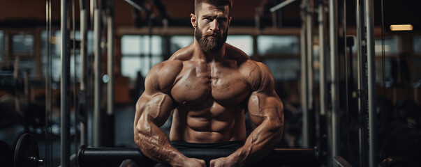 Handsome bodybuilder working out in the gym. 