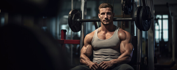 Fototapeta na wymiar Handsome professional bodybuilder working out in the gym. 