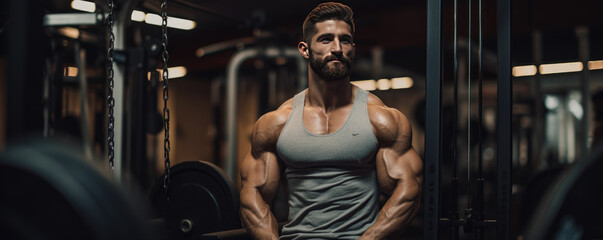 Fototapeta na wymiar Handsome professional bodybuilder working out in the gym. 