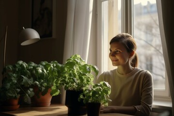 Home plant woman. Generate Ai