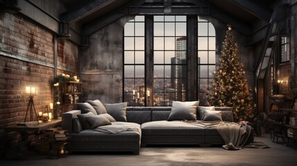 Obraz premium Loft style living room in luxury apartment with Christmas decor. Dark grunge walls, stylish cushioned furniture, bookcase, elegant Christmas tree, candles, large windows. Contemporary home design.