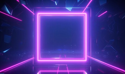 looping 3d animation. Abstract futuristic neon background with blank square frame and crystals. Pink blue glowing lines draw simple geometric shape. Spiritual fantasy, Generative AI - obrazy, fototapety, plakaty