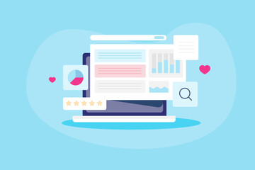 Flat design concept of data analytics report for online business and digital marketing performance, SEO software tools for website ranking improvement and data monitoring web banner.