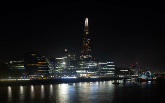Night view of the Shard and skyscrapers of the city of London