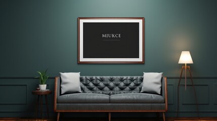 Front view of a modern art-deco living room. Dark green wall with poster template, hardwood floor, stylish couch, coffee table, plant in a pot, floor lamp. Home decor. Mockup, 3D rendering.