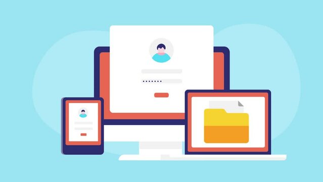 Webpage with user login access on desktop pc and tablet screen. personal data privacy safety document on laptop screen, internet security, secure website connection video animation concept.