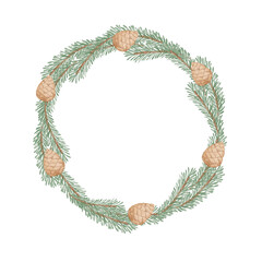 Wreath of Christmas tree branches with cones isolated on a white background.