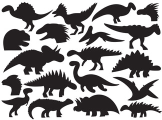 Isolated set dinosaur black silhouettes jurassic prehistoric monster bodies and head on white