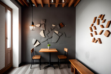 Wooden and dark gray cafe wall interior with a large white wall fragment in the center and an old oil lamp on a square wooden table. 3d rendering