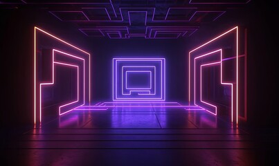 3d render. Abstract geometric background with neon rectangular frame inside the dark empty room and glowing laser labyrinth lines on the walls. Futuristic technology, Generative AI - obrazy, fototapety, plakaty