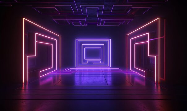 3d render. Abstract geometric background with neon rectangular frame inside the dark empty room and glowing laser labyrinth lines on the walls. Futuristic technology, Generative AI
