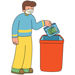 Disposal used face mask line filled illustration
