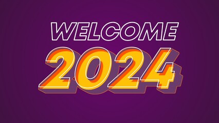 Fototapeta premium 3d Typography Welcome 2024 orange isolated on dark purple background. Design banner posters, stickers, cards 2024. Suitable as printed images on diary covers, t shirts, mugs, etc.