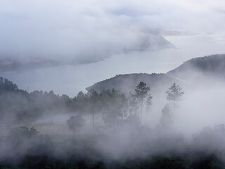 Foggy river mountain